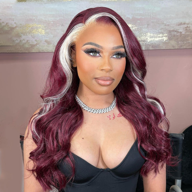 Blonde & Red Wine Skunk Stripe Color Lace Front Wig