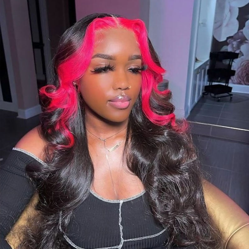 Hot Pink & Black Skunk Stripe Color Body Wave Wig Lace Front Wig