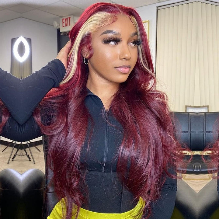 Blonde & Red Wine Skunk Stripe Color Lace Front Wig
