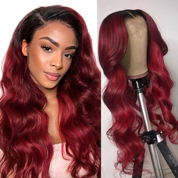 Ombre 99J Burgundy Body Wave Transparent Human Hair Lace Wigs For Black Women Virgin Hair Wigs