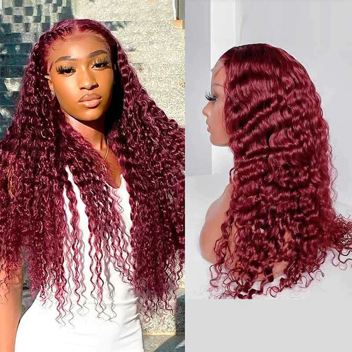99J Burgundy Deep Wave Wig Beautiful Crimp Wave Lace Front Human Hair Wigs