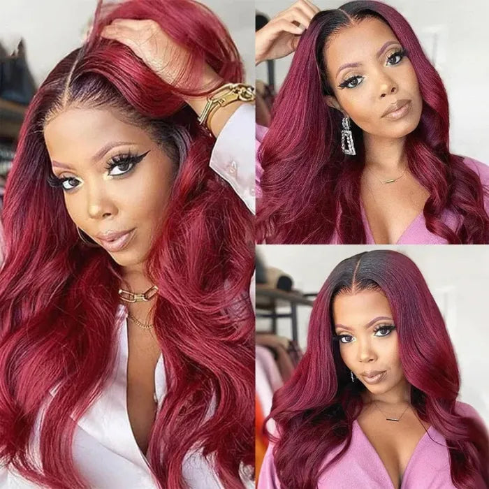 Ombre 99J Burgundy Body Wave Transparent Human Hair Lace Wigs For Black Women Virgin Hair Wigs