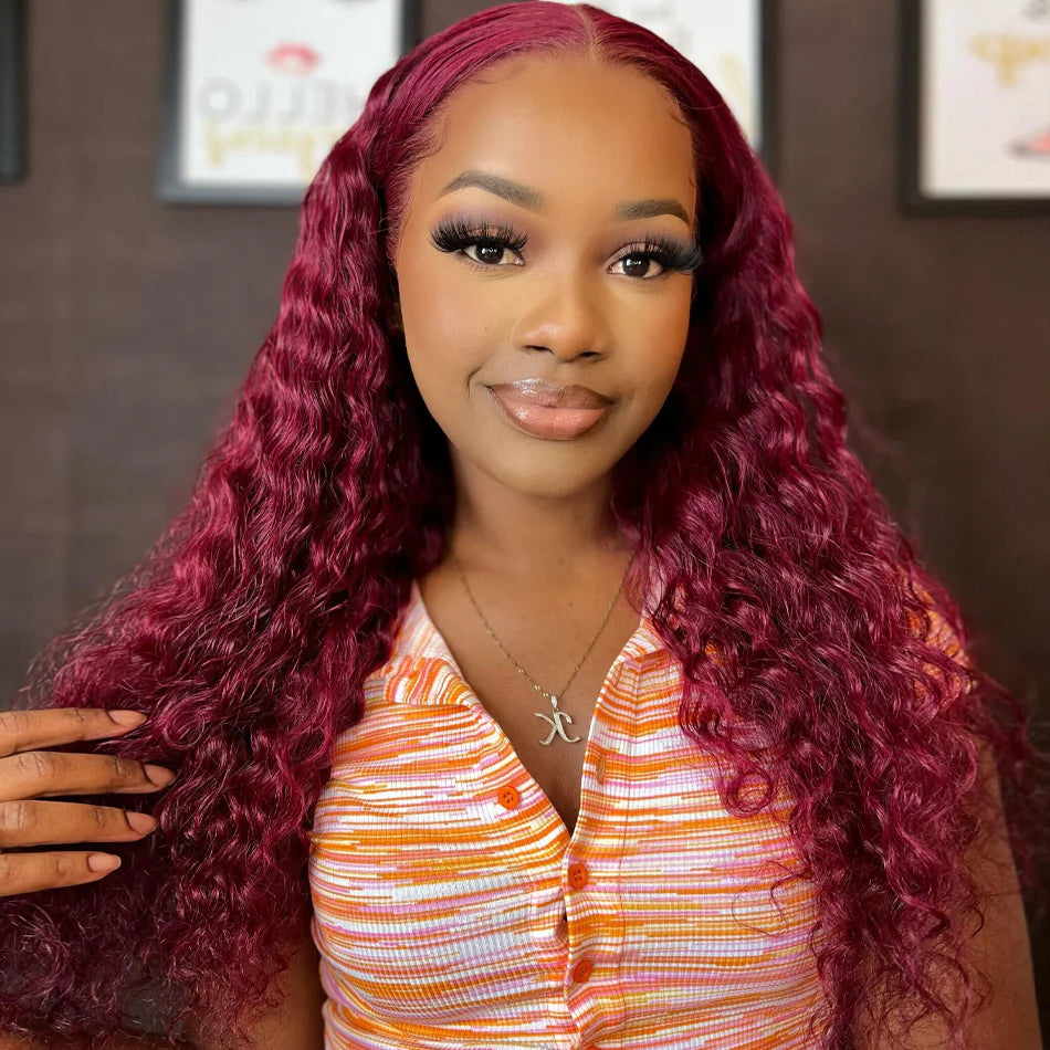 99J Burgundy Deep Wave Wig Beautiful Crimp Wave Lace Front Human Hair Wigs