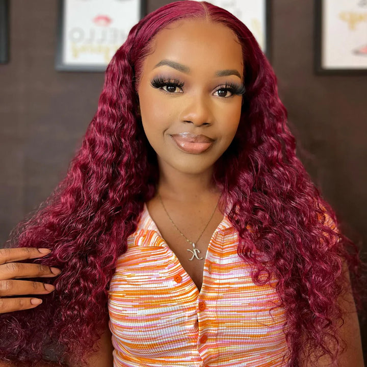 99J Burgundy Deep Wave Wig Beautiful Crimp Wave Lace Front Human Hair Wigs