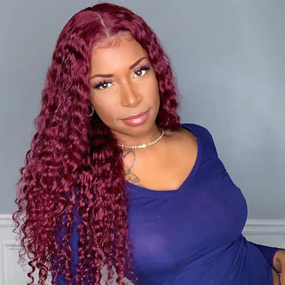 99J Burgundy Deep Wave Wig Beautiful Crimp Wave Lace Front Human Hair Wigs