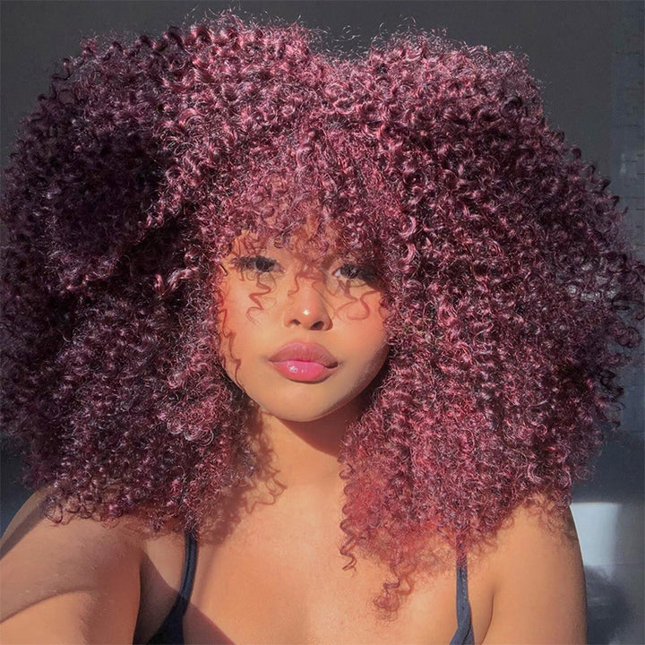 Burgundy 99J Curly Weave Wig with Bangs