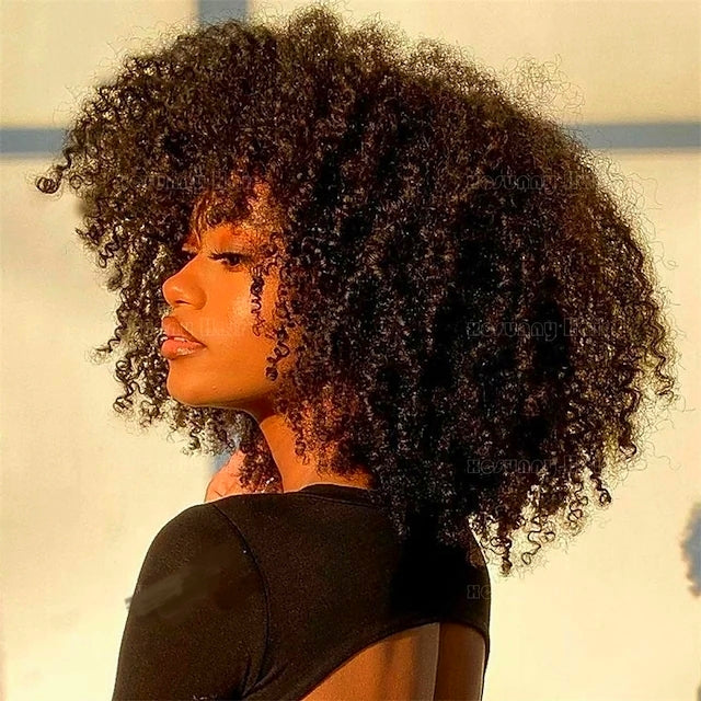 Short Afro Curly Wigs With Bangs African Curly Glueless Full Curly Human Hair Wig