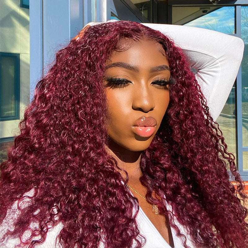 Burgundy 99J Curly Lace Wig Burgundy Color Human Hair Curly Wig With Natural Hairline