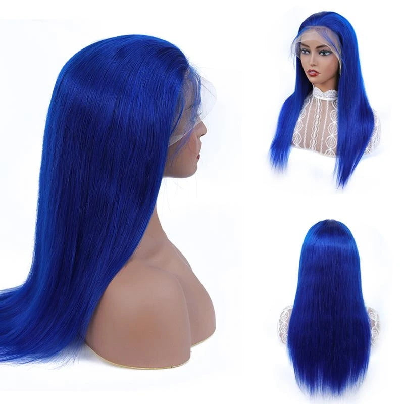 Blue Colored 150% 13*4 Lace Human Hair Wigs Pre Plucked Hairline Brazilian Lace Wig with Baby Hair Remy Bling Hair - Bling Hair