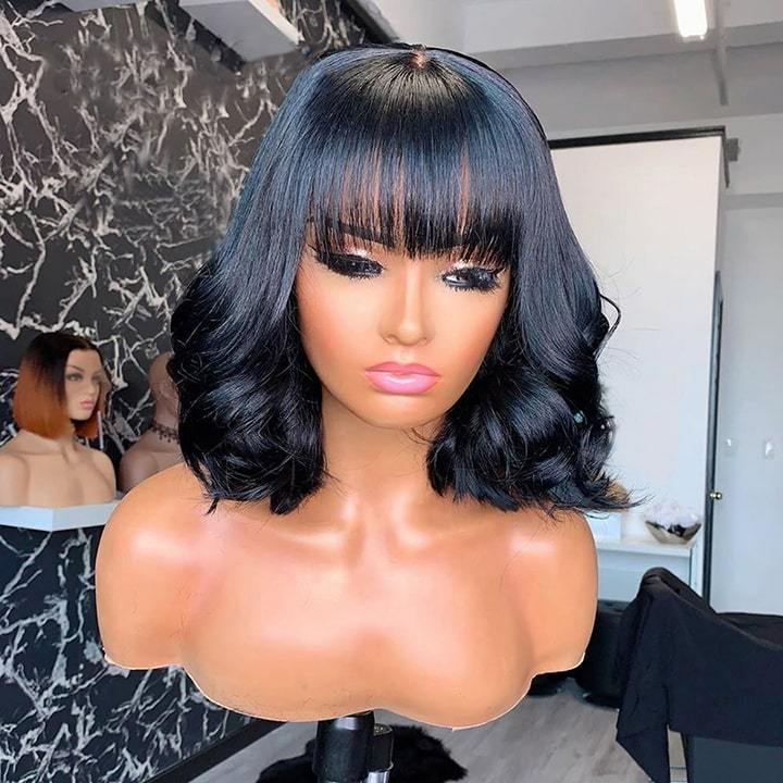 Bob Wig With Neat Bangs Glueless Super Affordable Machine Made Virgin Hair Brazilian Body Wave Human Hair Wigs Bling Hair