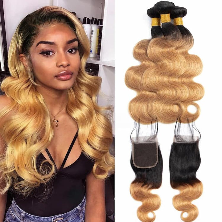 1B27 Body Wave 3 Bundles With 4×4 Closure 100% Virgin Hair Blinghair