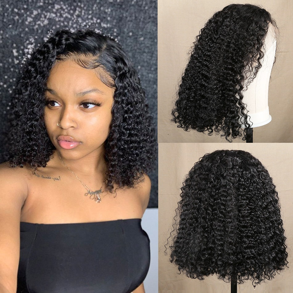 Short Deep Curly Transparent Lace Bob Wigs High Density Human Hair Wig