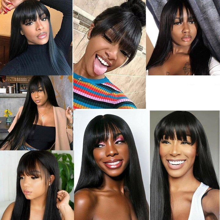 9A Brazilian Straight Human Hair Wigs With Neat Bangs Glueless Super Affordable Machine Made Virgin Hair Wig Bling Hair