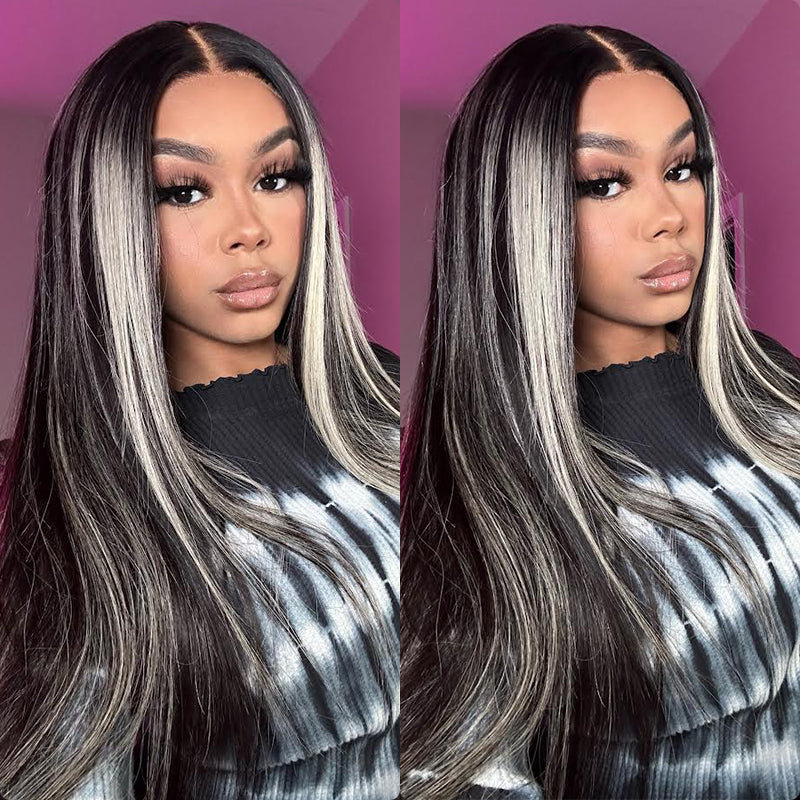 Platinum Blonde Highlight Human Hair Wigs 613 Ombre Half Black Hair Transparent Lace Front Wigs