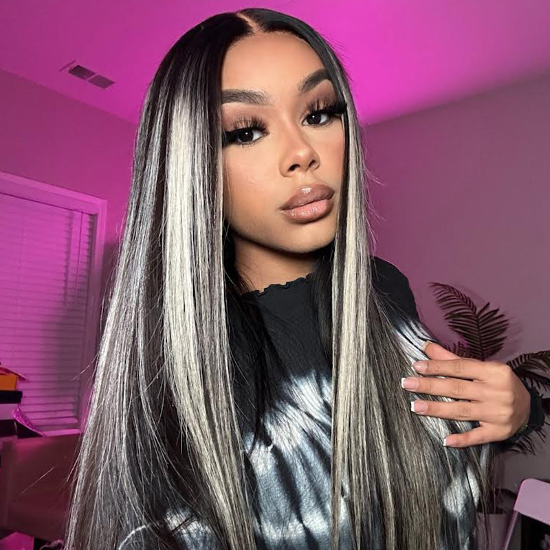 Platinum Blonde Highlight Human Hair Wigs 613 Ombre Half Black Hair Transparent Lace Front Wigs