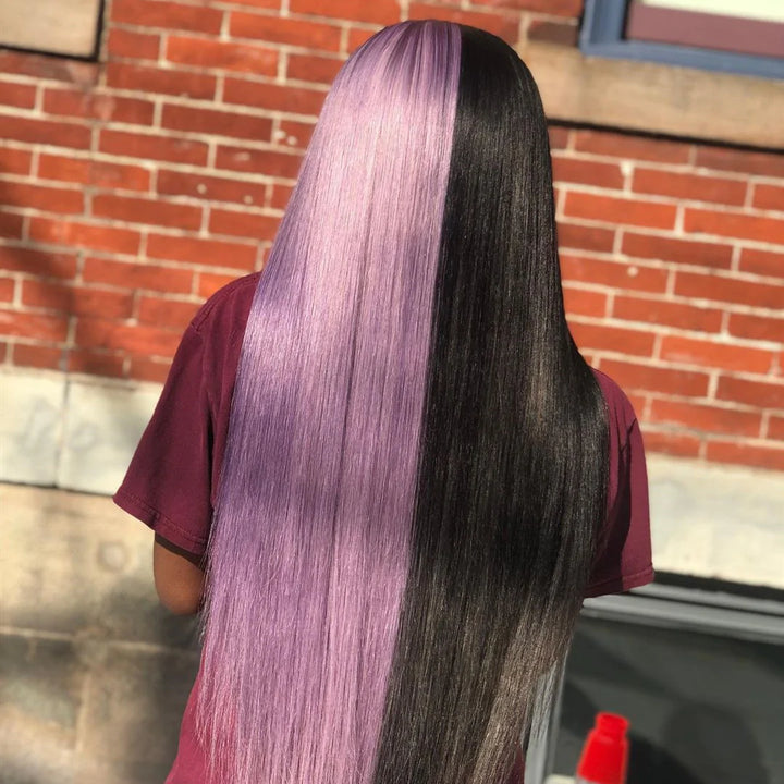 Blinghair Half Black Color Human Hair Straight Lace Front Wig