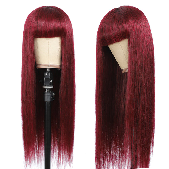 Burgundy Straight Wig Full Machine Made Scalp With Bangs