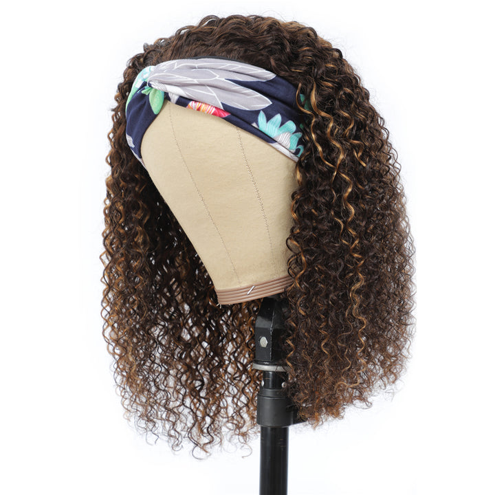 Brazilian Kinky Curly highlighted Wig Ombre #4/27 Ombre Color Glueless Headband Wig 150%&180 Density Human Hair Wigs Bling Hair - Bling Hair