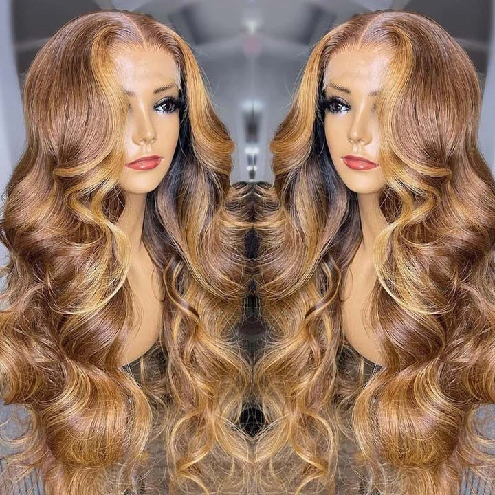 Honey Blonde Mix Brown Highlight Wigs 13x4 / 4x4 Transparent Lace Wigs Body Wave Virgin Hair Pre-Colored Human Hair