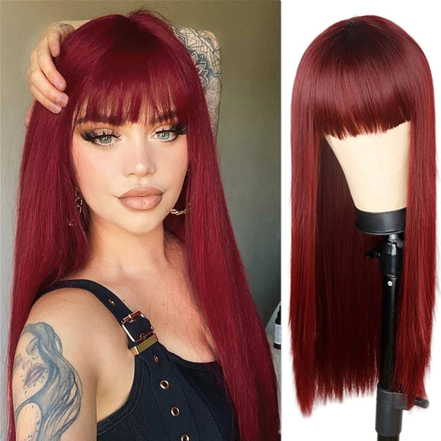 Burgundy Straight Wig Full Machine Made Scalp With Bangs #99j Remy Human Hair Wigs Plus 4x4 Straight Bob Wig