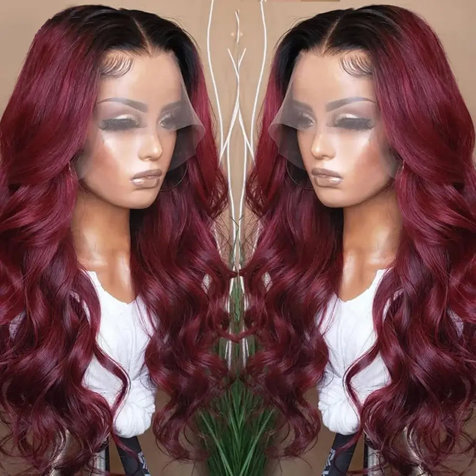 Ombre 99J Burgundy Body Wave Transparent Human Hair Lace Wigs For Black Women Virgin Hair Wigs