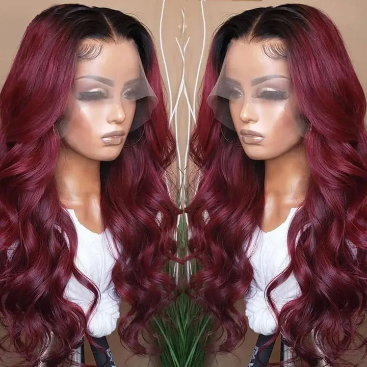 Ombre 99J Burgundy Body Wave Transparent Human Hair Lace Wigs For Black Women Virgin Hair Wigs