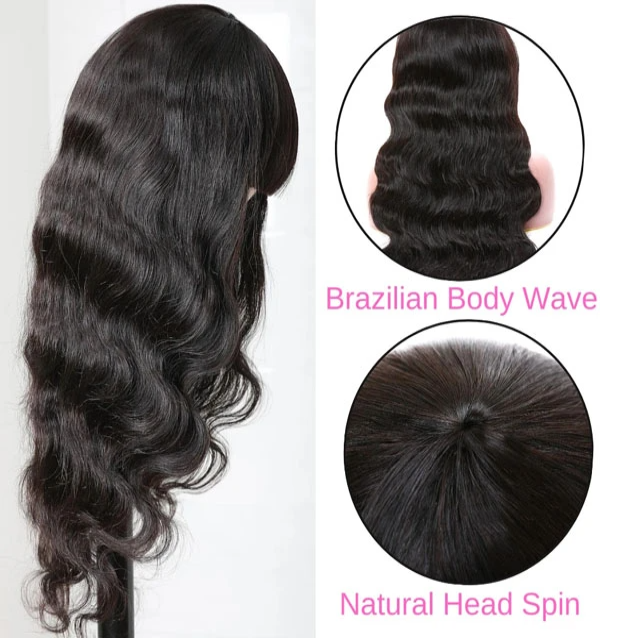 Brazilian Body Wave Human Hair Wigs With Neat Bangs Glueless Super Affordable Machine Made Virgin Hair Wig Bling Hair
