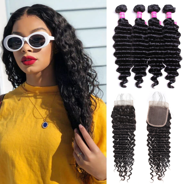 100% Virgin Hair Deep Wave 4 Bundles With 4×4 Free Part Lace Closure 15A Grade Bling Hair