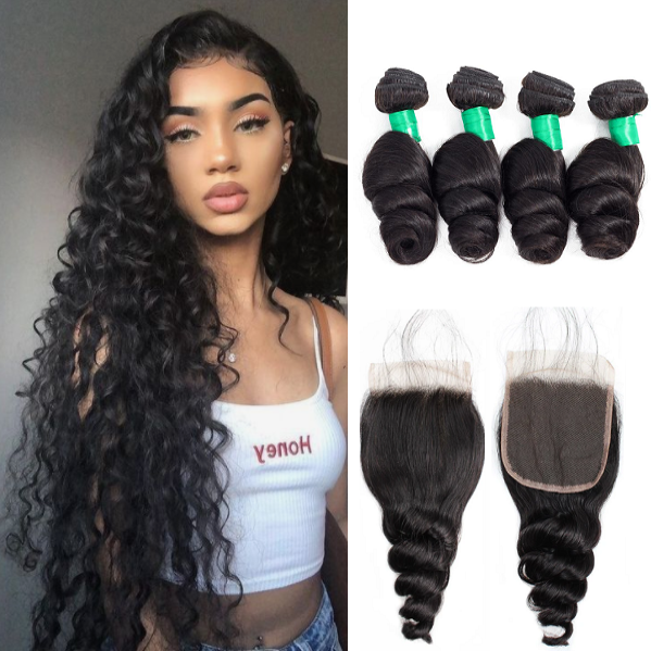 Cheveux vierges lâches de vague 4 faisceaux avec 4 × 4 partie libre dentelle fermeture 15A grade Bling cheveux 