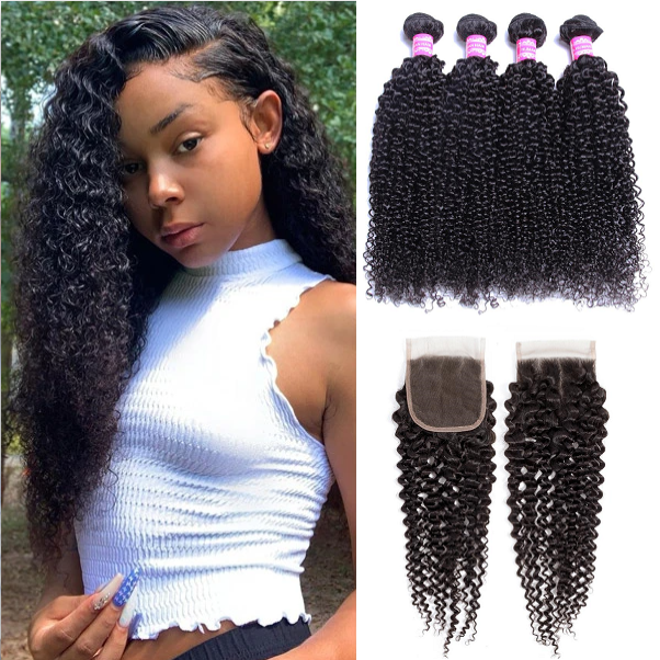 Kinky Curly 4 Bundles With 4×4 Free Part Closure 100% Virgin Hair 15A Grade Bling Hair