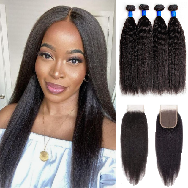 Kinky Straight 100% Human Hair 4 Bundles With 4×4 Closure Free Part Bling Hair