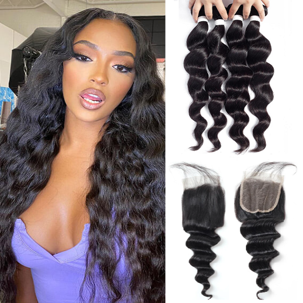 Loose Deep 100% Virgin Hair 4 Bundles With 4×4 Closure Free Part 15A Grade Bling Hair