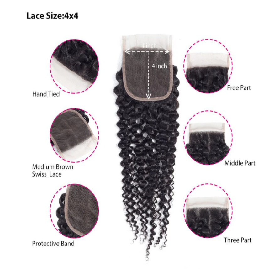 Kinky Curly 4 Bundles With 4×4 Free Part Closure 100% Virgin Hair 15A Grade Bling Hair