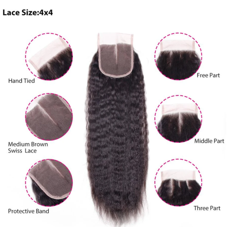 Kinky Straight 100% Human Hair 4 Bundles With 4×4 Closure Free Part Bling Hair