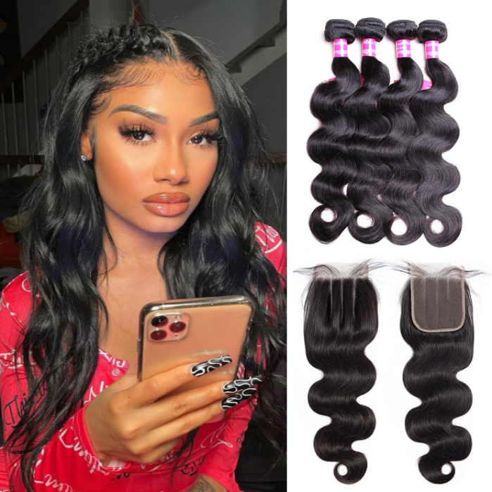 Body Wave 4 Pics Virgin Hair Bundles With 4×4 Closure Free Part 15A Grade Bling Hair