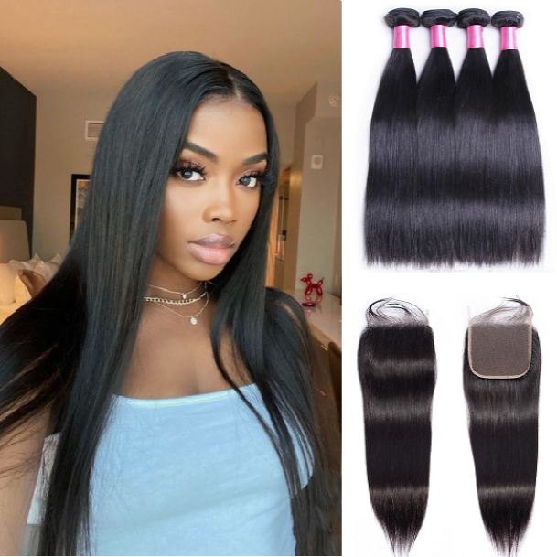 Straight 4 Bundles With 4×4 Closure Free Part 15A Grade 100% Human Virgin Hair Bling Hair