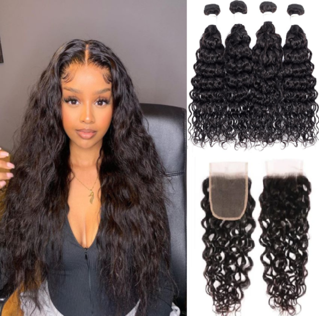 Water Wave Human Hair 4 Pics Bundles With 4×4 Closure Free Part 15A Grade Bling Hair