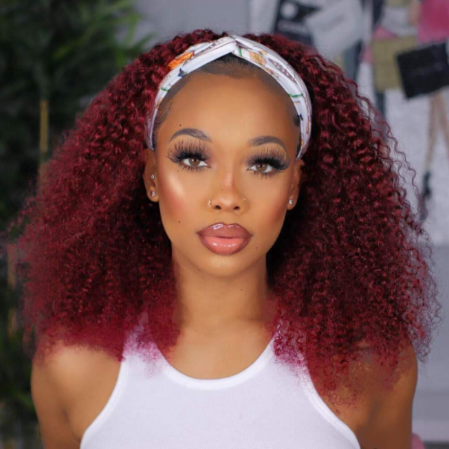 Brazilian Kinky Curly Wig 99J Color Glueless Headband Wig 180%&220% Density Human Hair Wigs Bling Hair