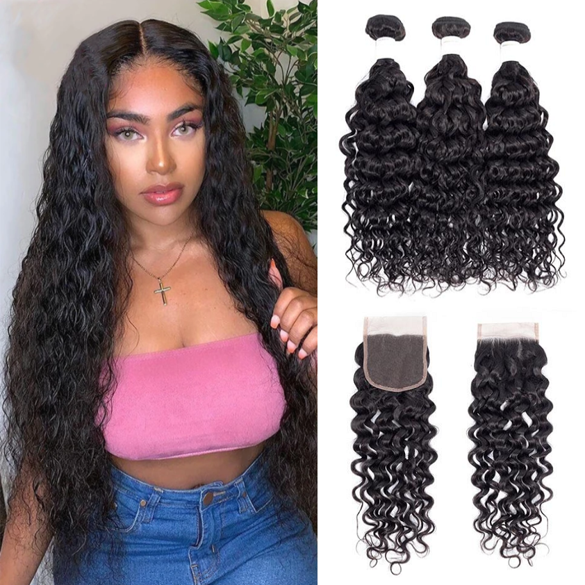 Brazilian Water Wave 3 Bundles With 4×4 Closure 10A Grade 100% Human  hair