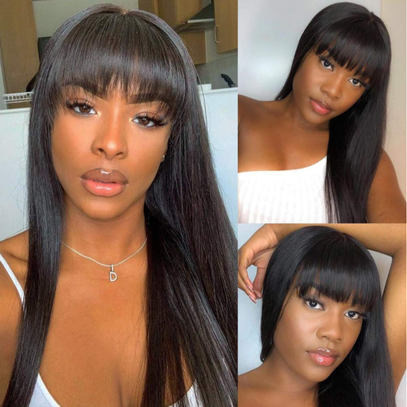 9A Brazilian Straight Human Hair Wigs With Neat Bangs Glueless Super Affordable Machine Made Virgin Hair Wig Bling Hair