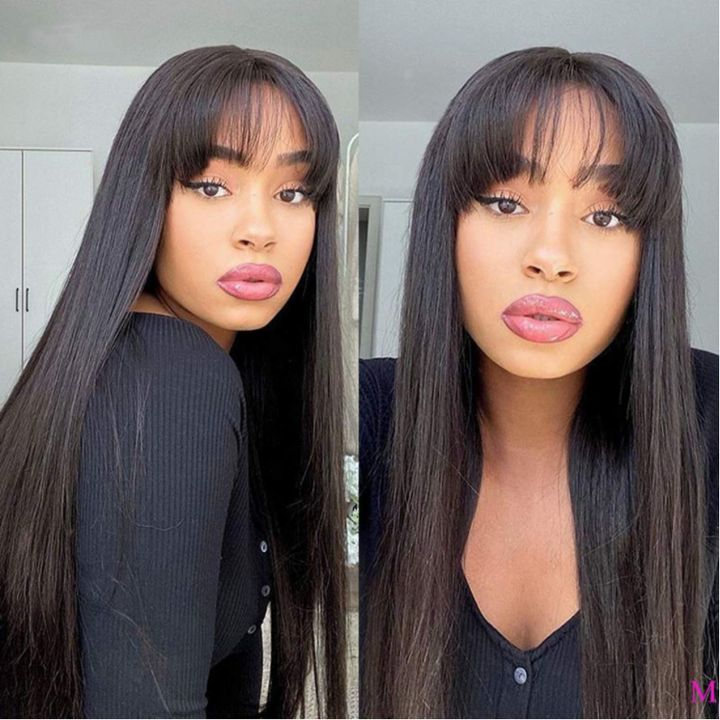 9A Brazilian Straight Human Hair Wigs With Neat Bangs Glueless Super Affordable Machine Made Virgin Hair Wig Bling Hair