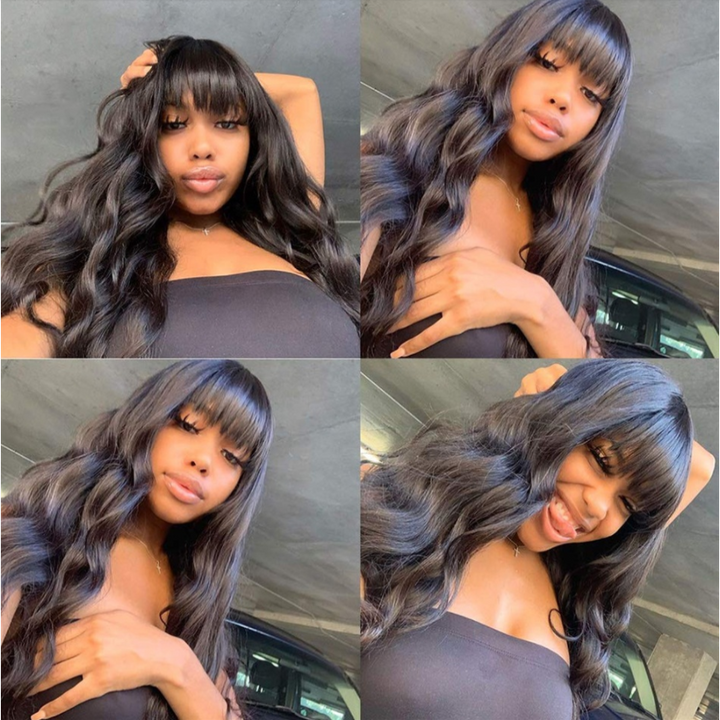 Brazilian Body Wave Human Hair Wigs With Neat Bangs Glueless Super Affordable Machine Made Virgin Hair Wig Bling Hair