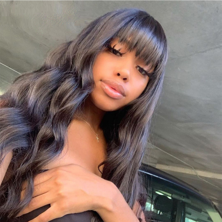 Brazilian Body Wave Human Hair Wigs With Neat Bangs Glueless Super Affordable Machine Made Virgin Hair Wig Bling Hair