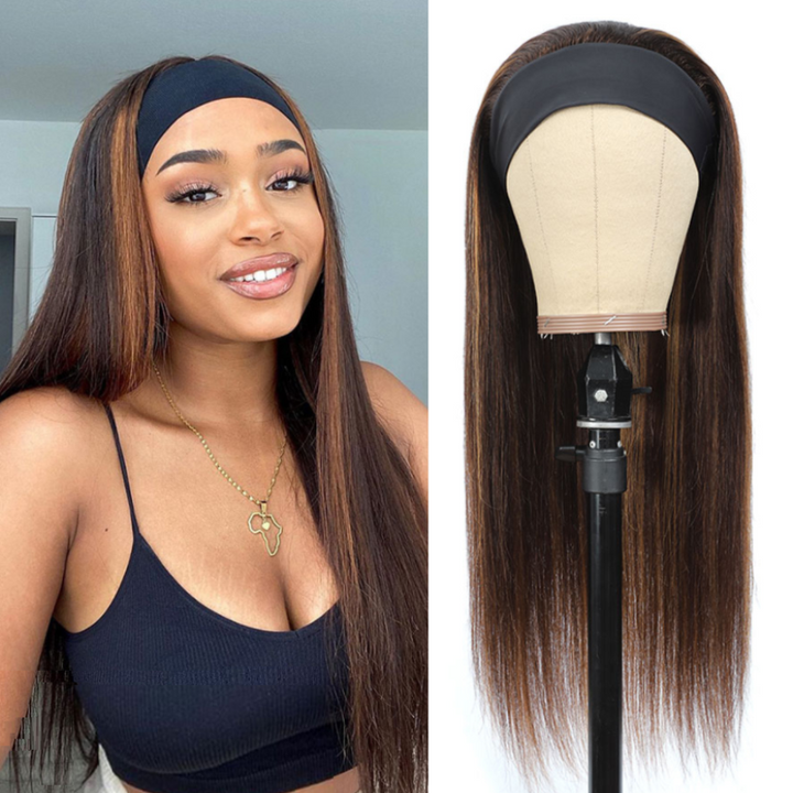 Headband Wig Glueless Brazilian Straight Ombre #4/27 Highlight Human Hair Wigs 180%&220% Density Bling Hair