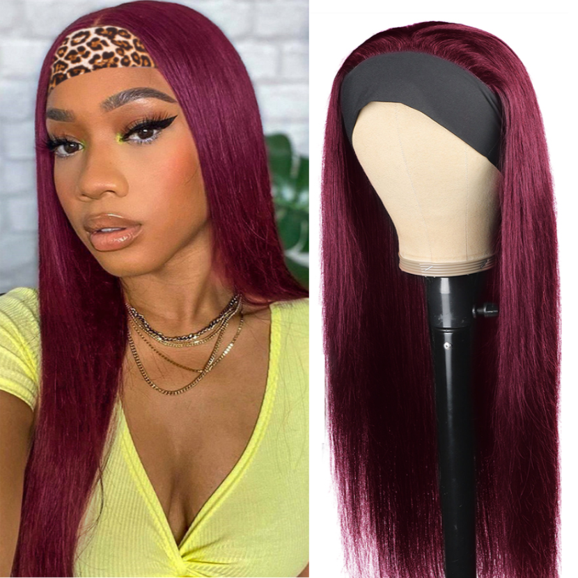Brazilian Straight Wigs 99J Glueless Headband Wigs Human Hair Wigs 180% 220% Density Bling Hair