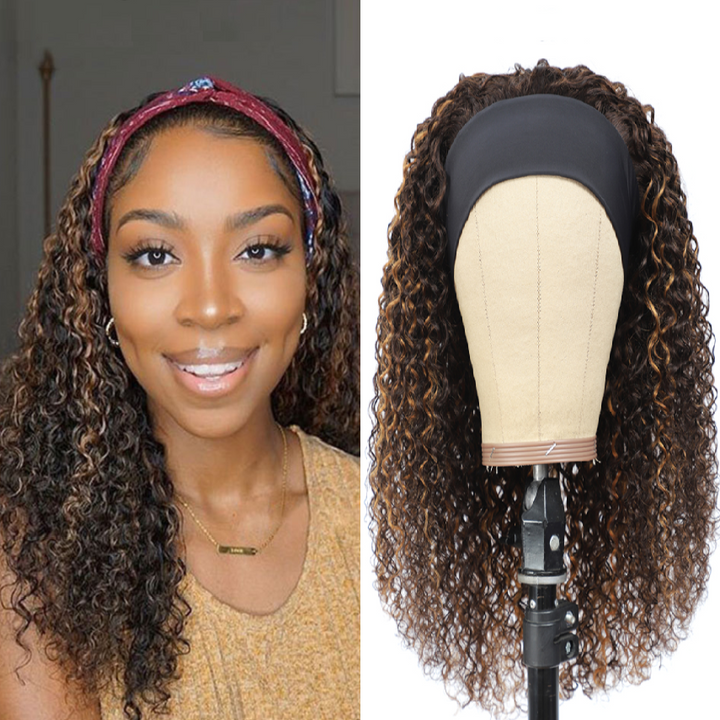 Brazilian Curly highlight Wig Ombre #4/27 Ombre Color Glueless Headband Human Hair Wigs Bling Hair