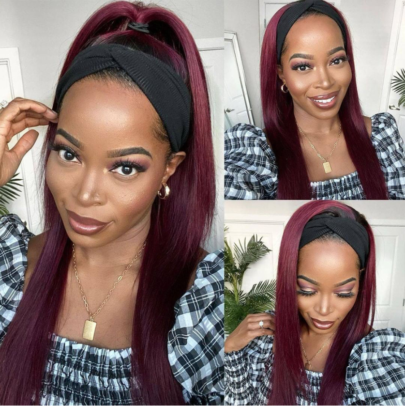 Brazilian Straight Wigs 99J Glueless Headband Wigs Human Hair Wigs 180% 220% Density Bling Hair