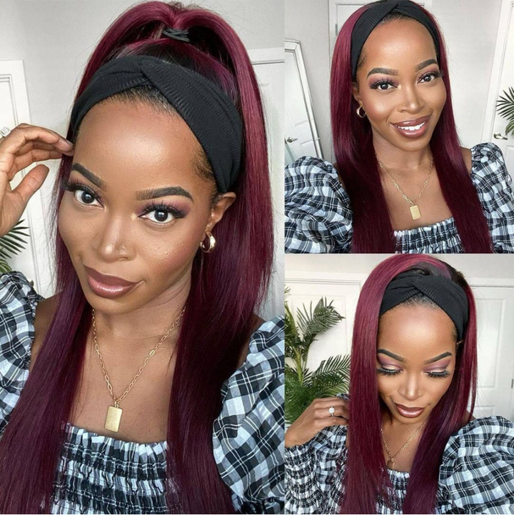 Brazilian Straight Wigs 99J Glueless Headband Wigs Human Hair Wigs 180% 220% Density Bling Hair