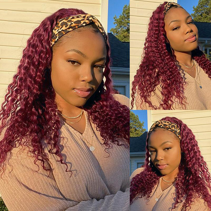Brazilian Kinky Curly Wig 99J Color Glueless Headband Wig 180%&220% Density Human Hair Wigs Bling Hair
