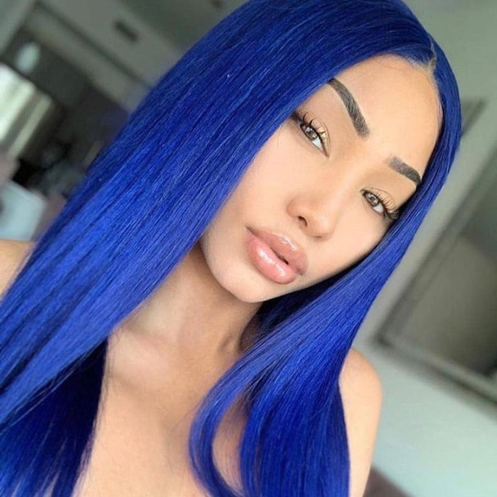 Klein Blue Colore Transparent Lace Straight Wig with Baby Hair Bling Hair